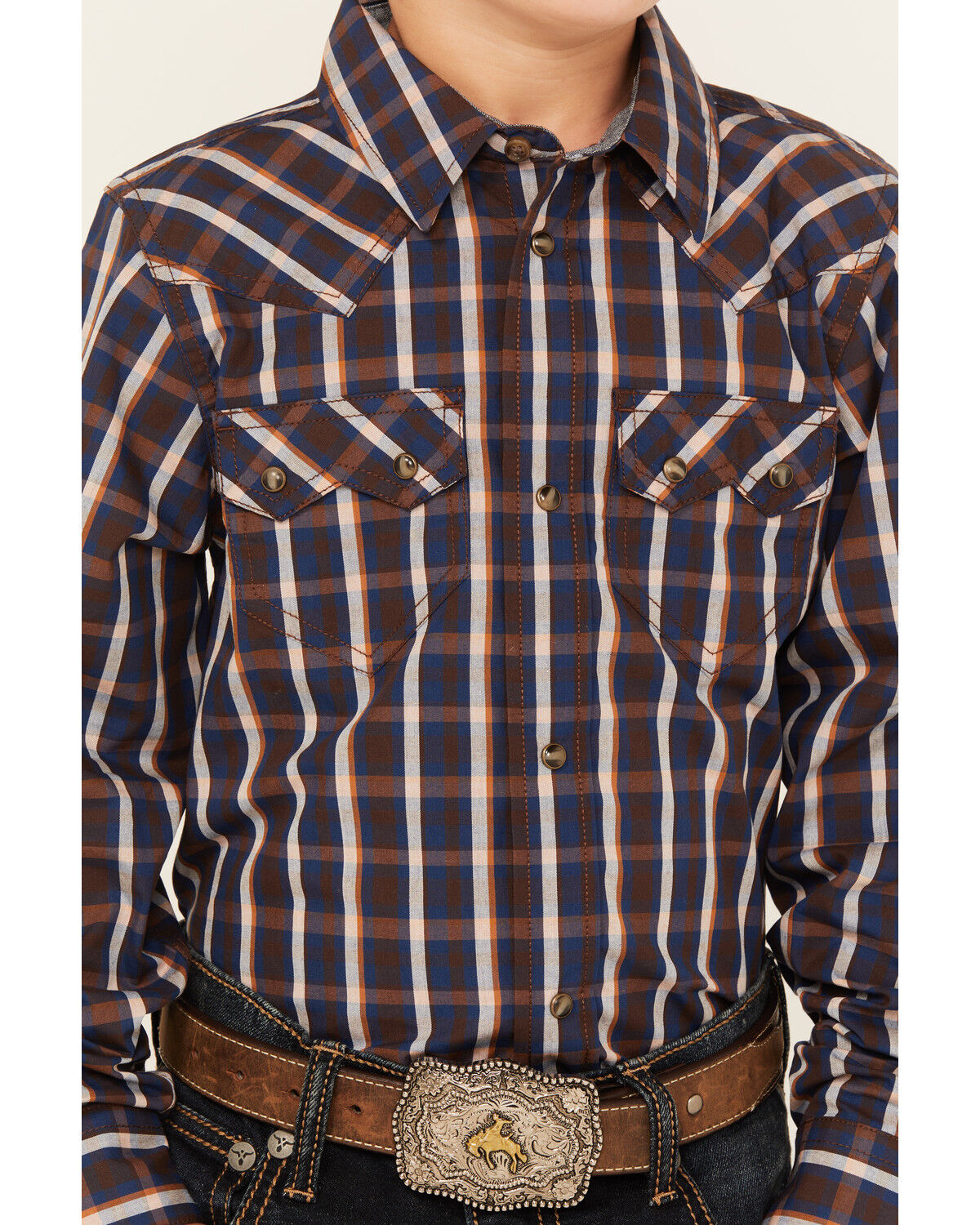 Image #3 - Cody James Boys' Joe Plaid Print Long Sleeve Snap Western Shirt, Brown, hi-res