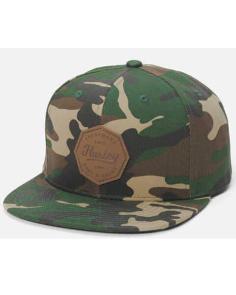 Hurley Men's Tahoe Camo Print Faux Leather Logo Patch Solid-Back Ball Cap , Camouflage, hi-res