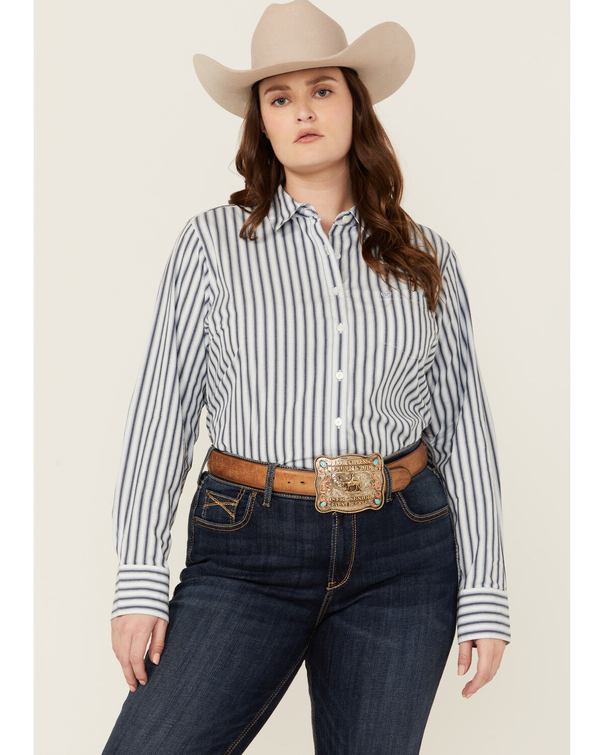 Image #1 - Ariat Women's Kirby Striped Print Long Sleeve Button-Down Stretch Western Shirt - Plus, Blue, hi-res