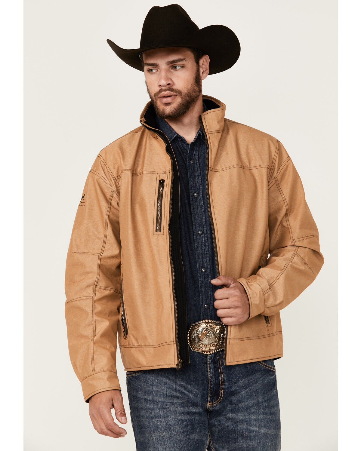 Image #1 - Cowboy Hardware Men's Buckskin Triple Barb Logo Softshell Jacket, , hi-res