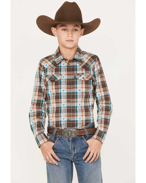 Image #1 - Cody James Boys' Bull Dobby Long Sleeve Snap Western Shirt, Dark Brown, hi-res