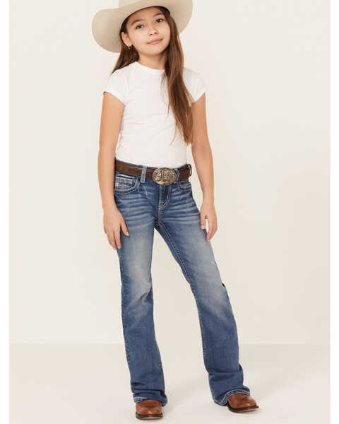 Miss Me Girls' Medium Wash Wing Pocket Bootcut Denim Jeans, Blue, hi-res