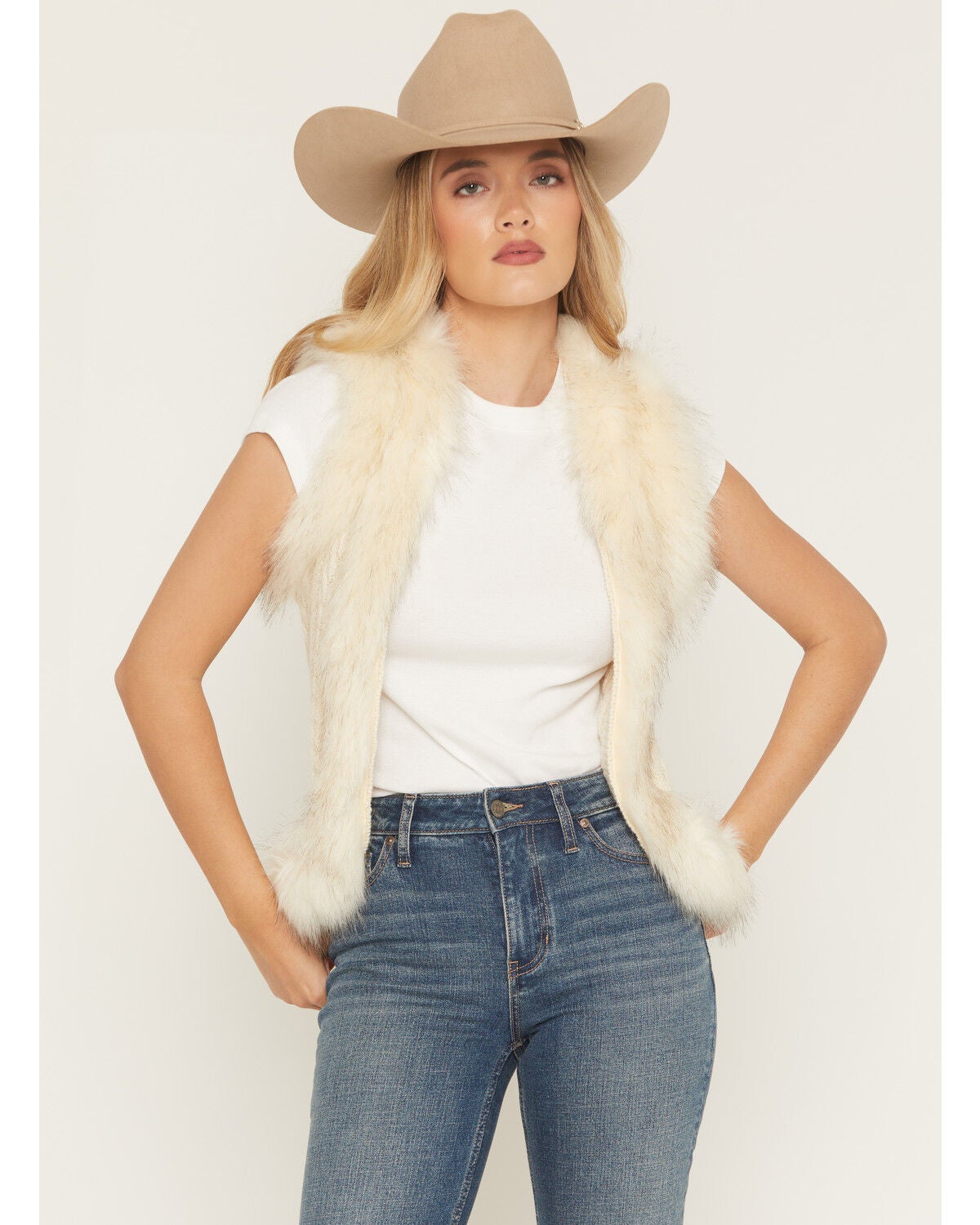 Shyanne Women's Fur Trim Knit Vest, Off White, hi-res