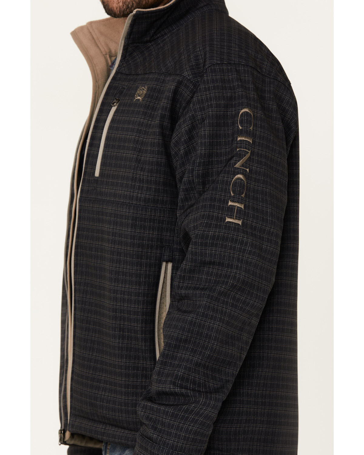 Image #3 - Cinch Men's Plaid Print Bonded Zip Softshell Jacket, Navy, hi-res