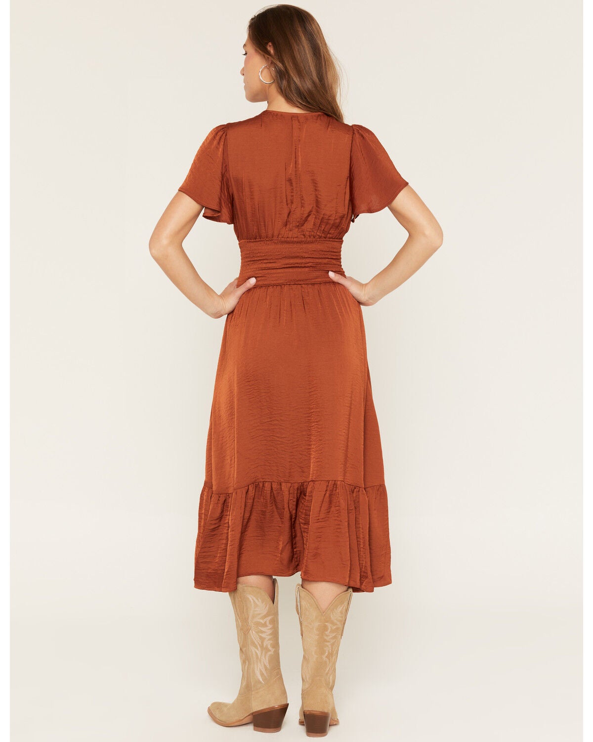 Image #4 - Shyanne Women's Savina Flutter Sleeve Smocked Midi Dress, Brown, hi-res