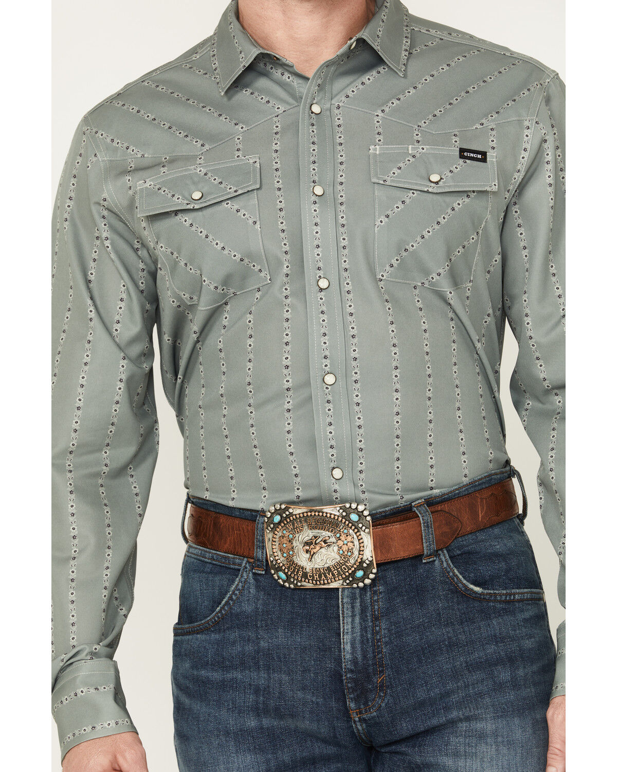 Image #3 - Cinch Men's Floral Striped Long Sleeve Snap Performance Western Shirt, Olive, hi-res