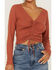 Image #2 - Lush Women's Brick Long Sleeve Cinch Front Knit Top, Brick Red, hi-res