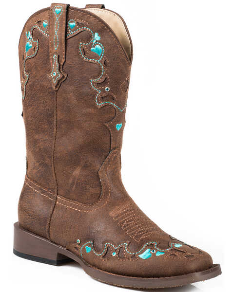 Image #1 - Roper Girls' Vintage Crystal Western Boots - Square Toe, Brown, hi-res