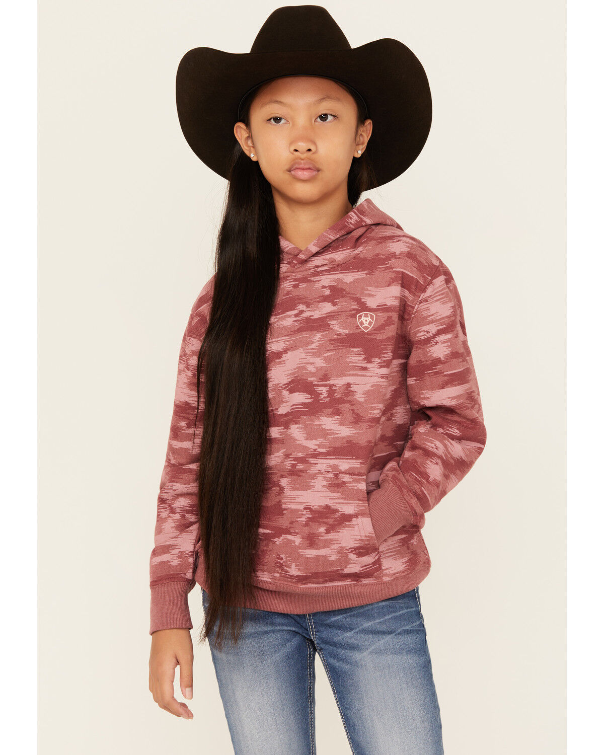 Image #1 - Ariat Girls' Printed Logo Hoodie, Mauve, hi-res