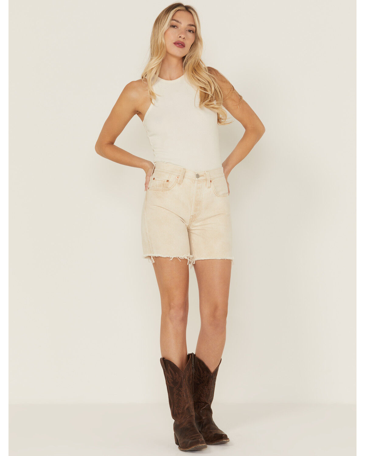 Image #1 - Levi's Women's 501® High Rise Mid Thigh Stretch Denim Shorts, Tan, hi-res