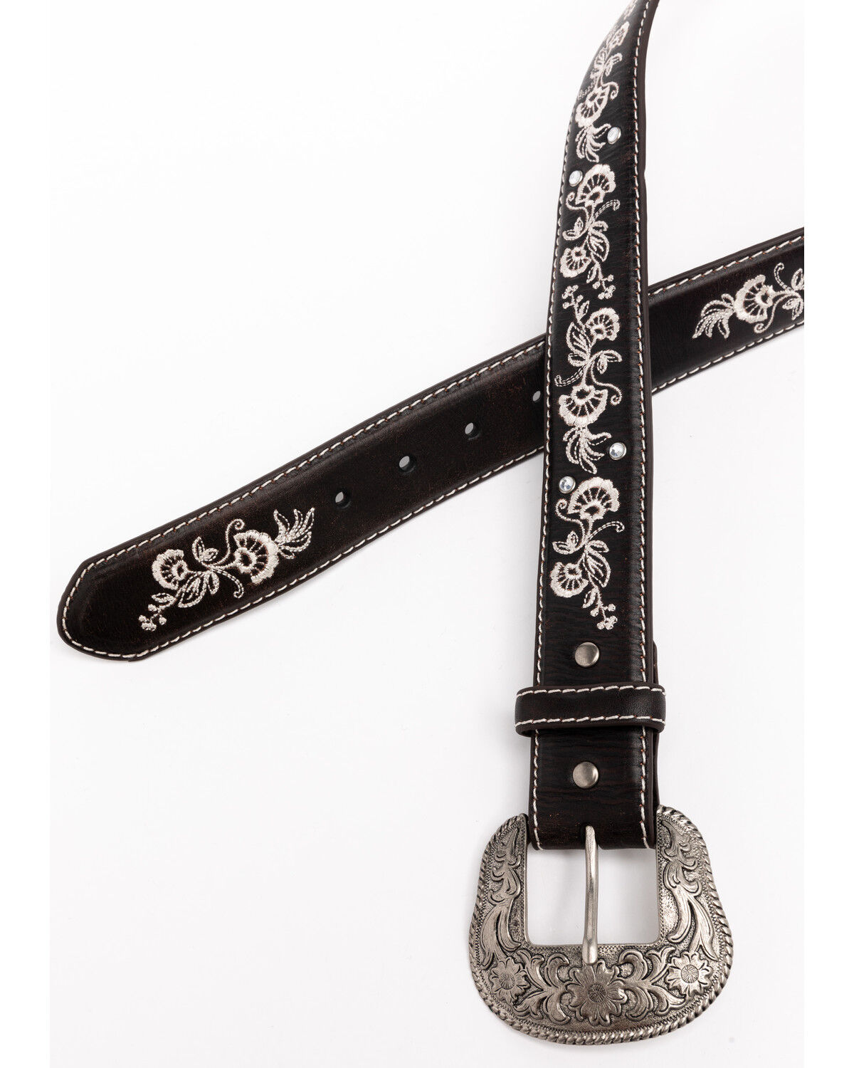 Image #2 - Shyanne Women's Chocolate Floral Embroidered Crystal Western Belt, Chocolate, hi-res