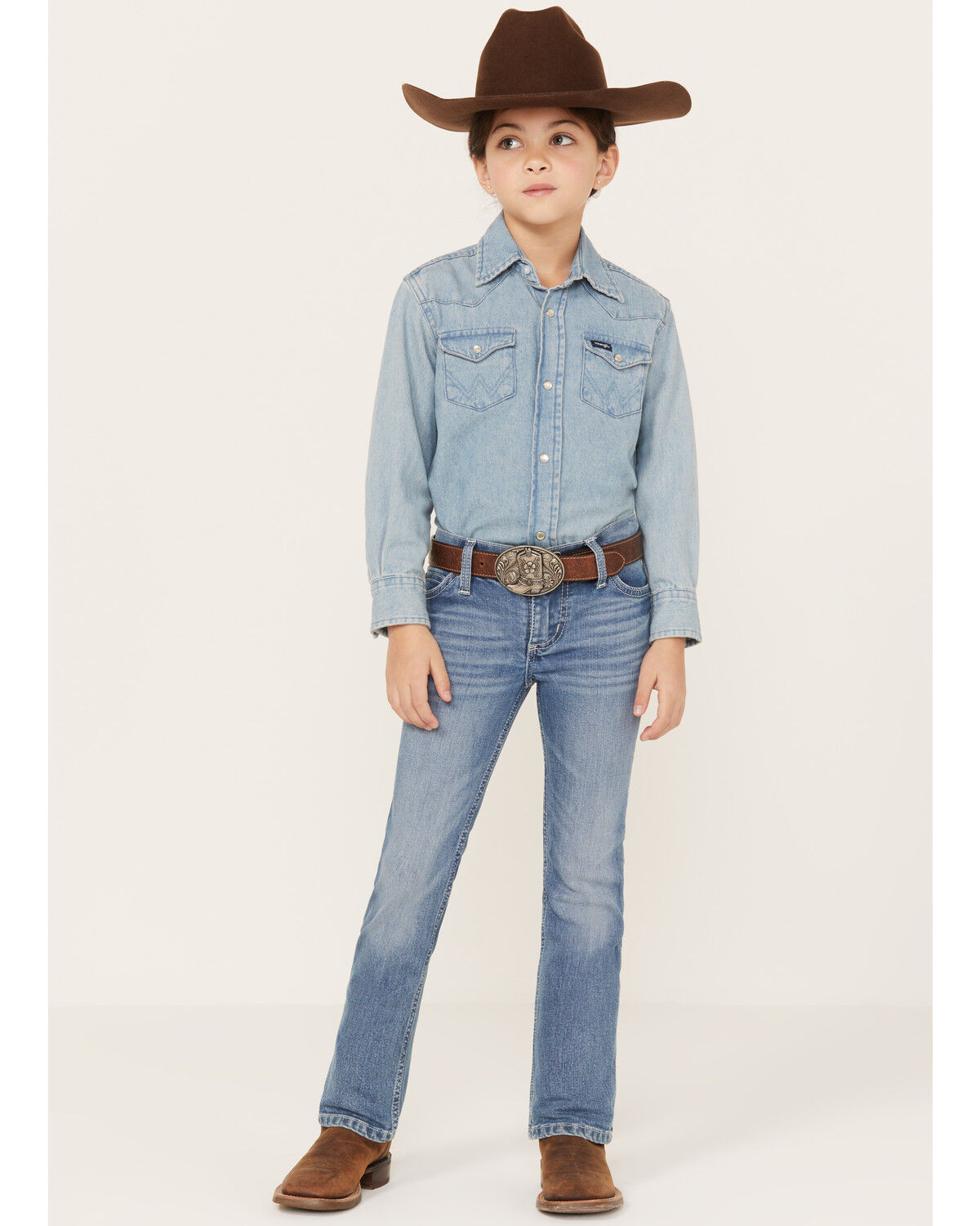 Image #1 - Wrangler Girls' Light Wash Embroidered Pocket Bootcut Jeans, Blue, hi-res
