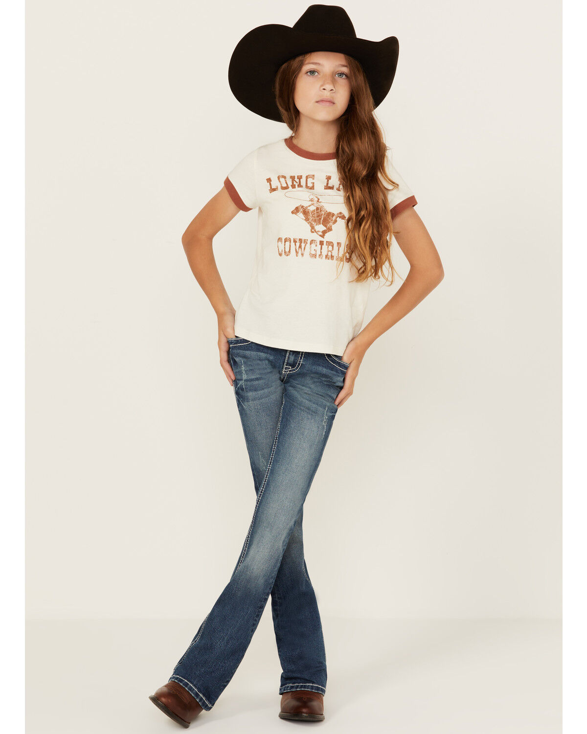 Image #3 - Grace in LA Girls' Dark Wash Geo Print Pocket Stretch Bootcut Jeans, Medium Wash, hi-res