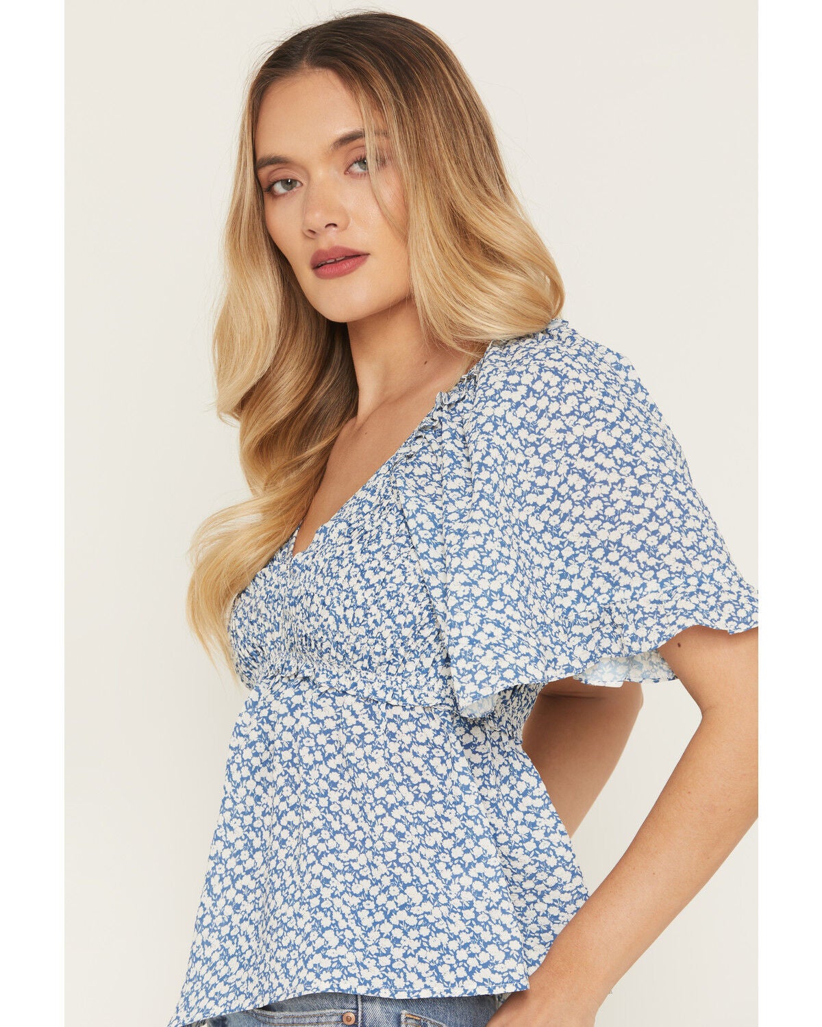 Image #2 - Yura Women's Boot Barn Exclusive Floral Print Smocked Front Short Sleeve Top, Blue, hi-res