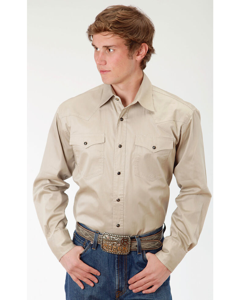 Roper Men's Tan Solid Poplin Long Sleeve Western Shirt, Tan, hi-res