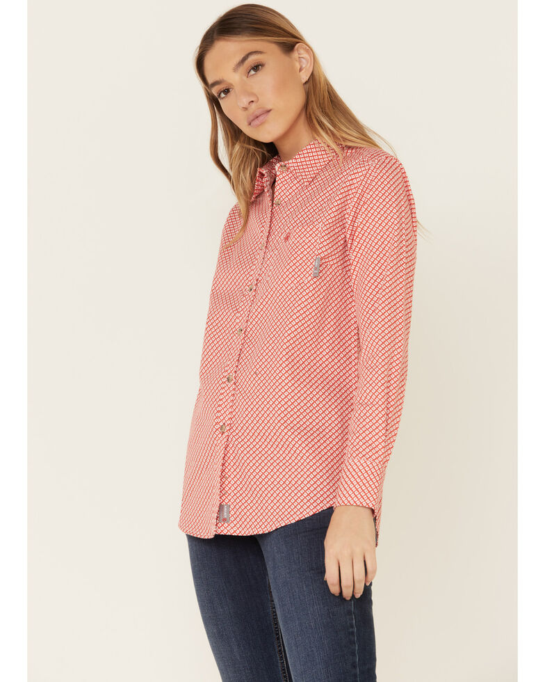 Ariat Women's FR Sofia Geo Print Long Sleeve Button-Down Work Shirt, Red, hi-res