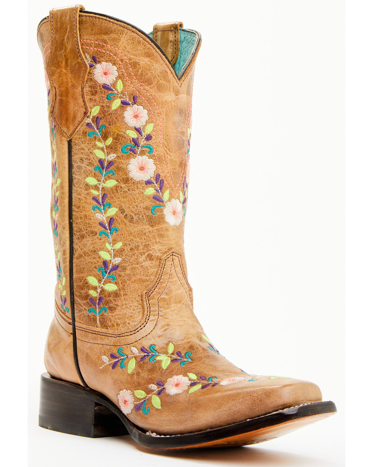 Image #1 - Corral Girls' Floral Embroidered Blacklight Western Boots - Square Toe, Honey, hi-res