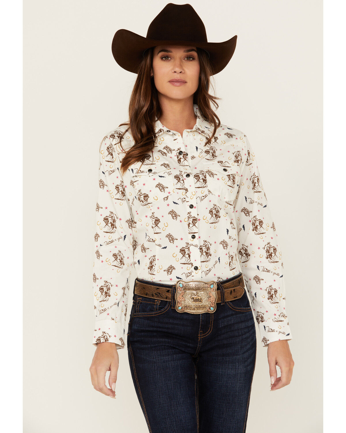 Image #1 - Ariat Women's Horse Print Long Sleeve Snap Western Shirt, White, hi-res