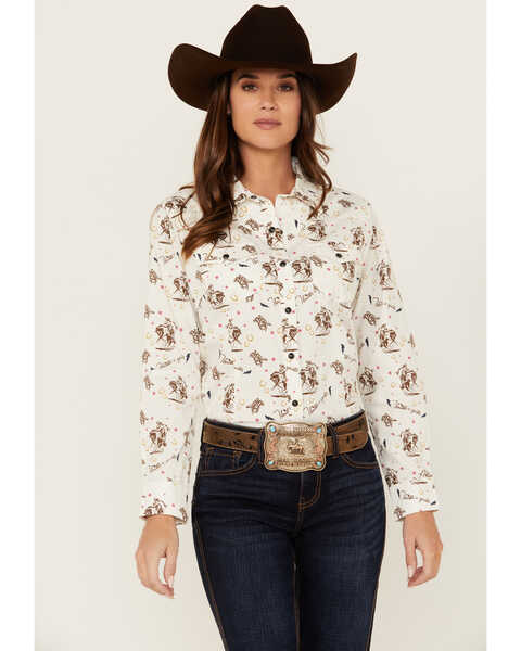 Ariat Women's Horse Print Long Sleeve Snap Western Shirt , White, hi-res