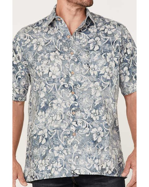 Image #3 - Scully Men's Floral Print Short Sleeve Button Down Western Shirt , Teal, hi-res