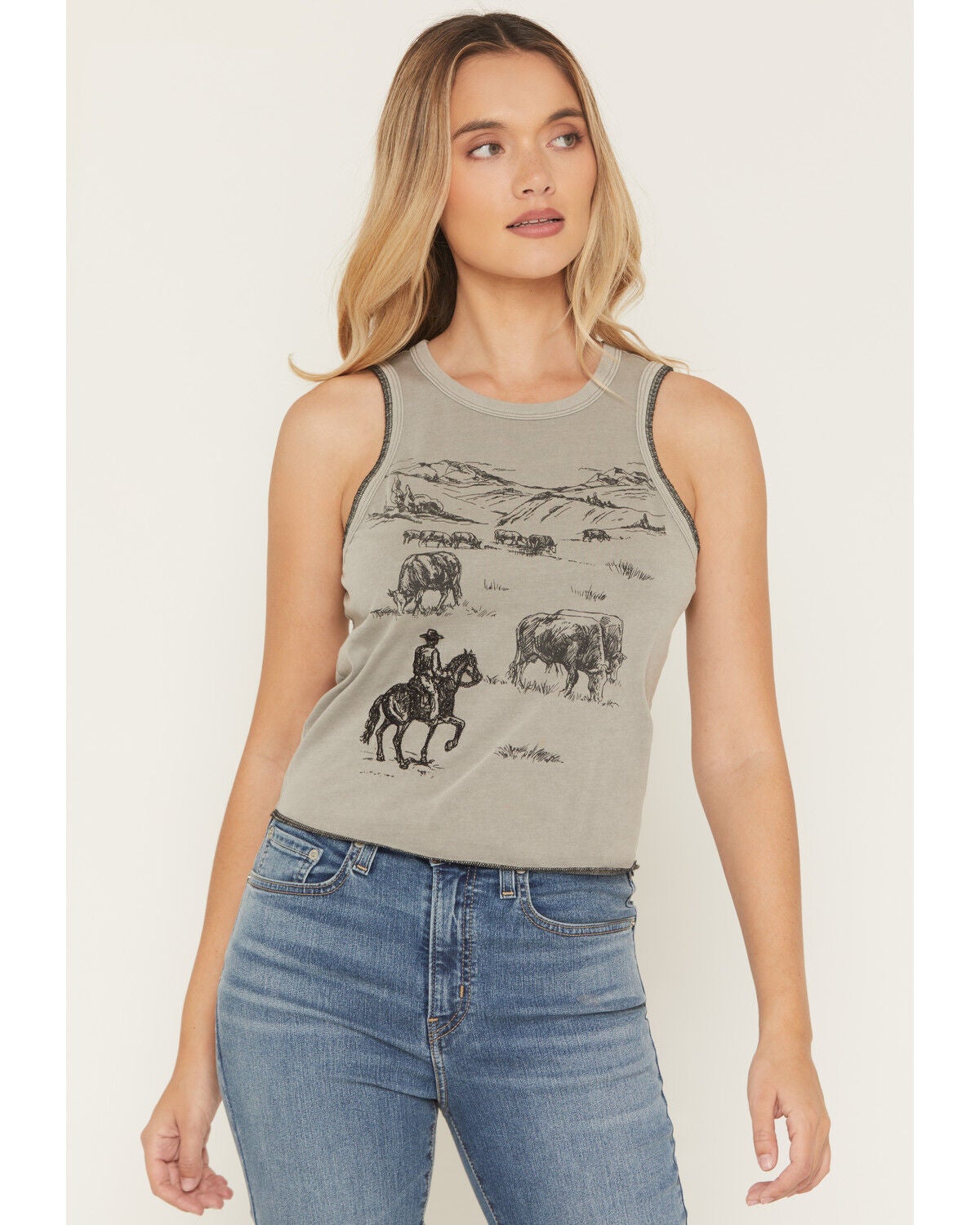 Blended Women's Embroidered Graphic Print Sleeveless Tank Top, Grey, hi-res