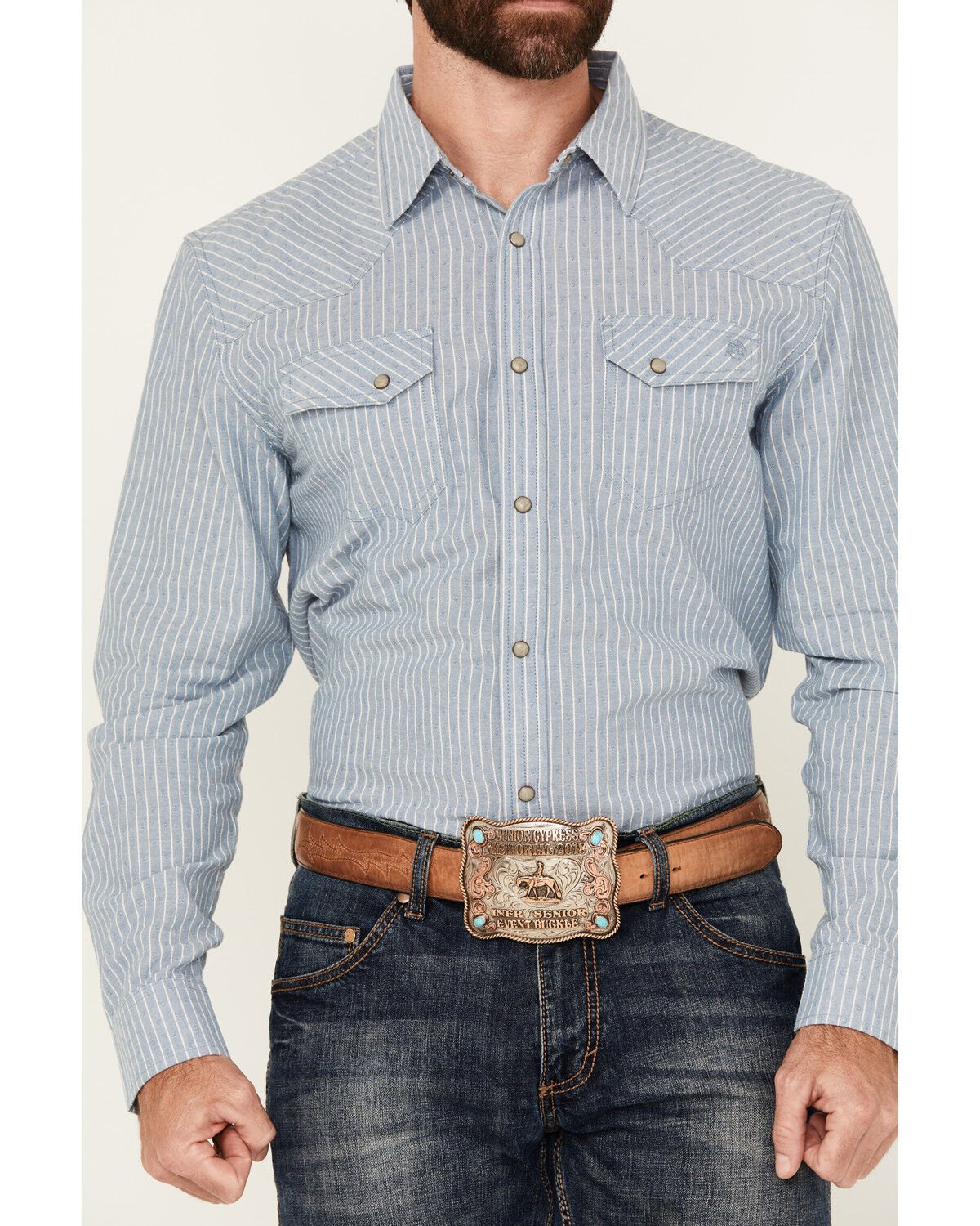 Image #3 - Blue Ranchwear Men's Bennet Striped Print Long Sleeve Snap Western Shirt, Light Blue, hi-res