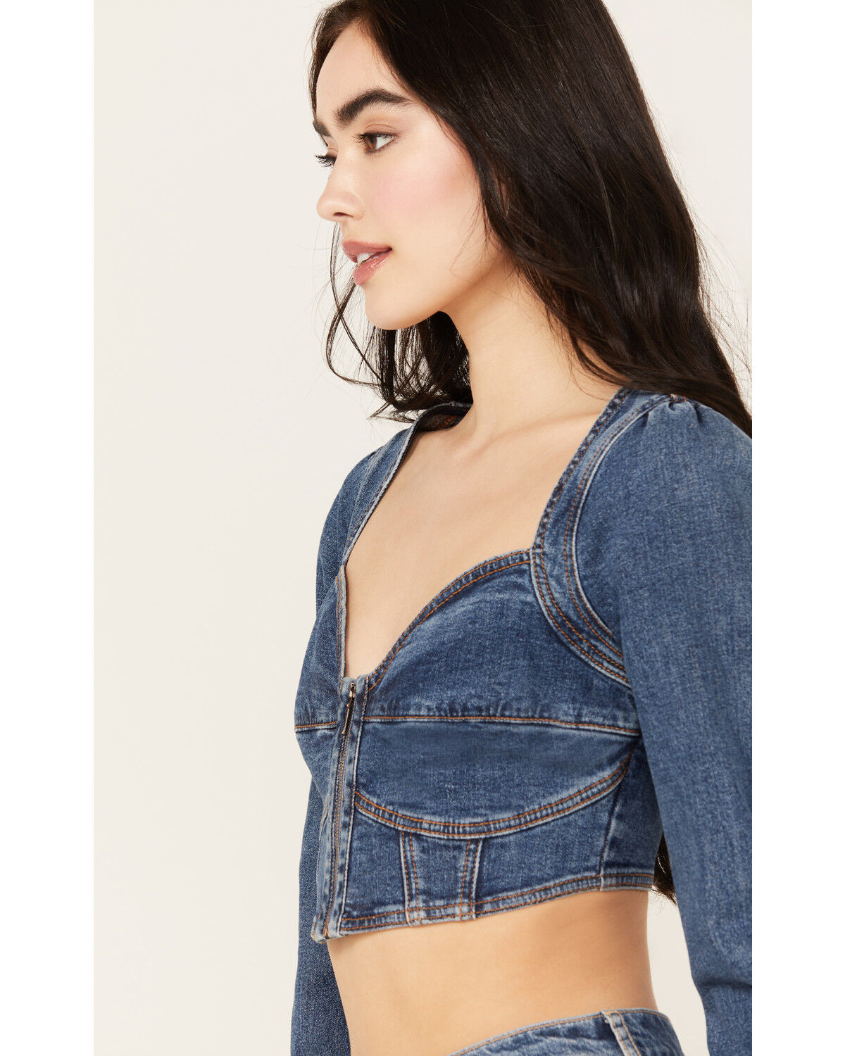 Image #3 - Shyanne Women's Medium Wash Denim Cropped Long Sleeve Corset Top, Dark Medium Wash, hi-res
