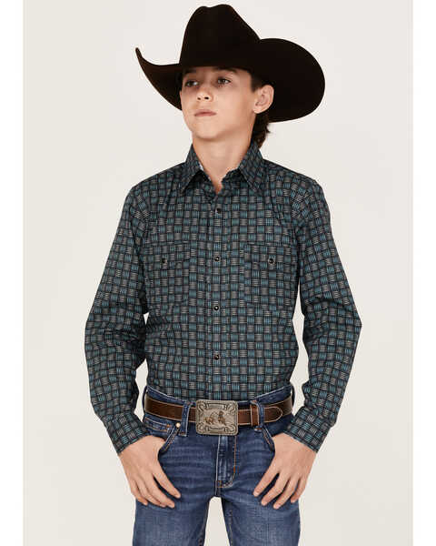 Image #1 - Panhandle Boys' Woven Stripe Print Long Sleeve Western Snap Shirt, Light Blue, hi-res