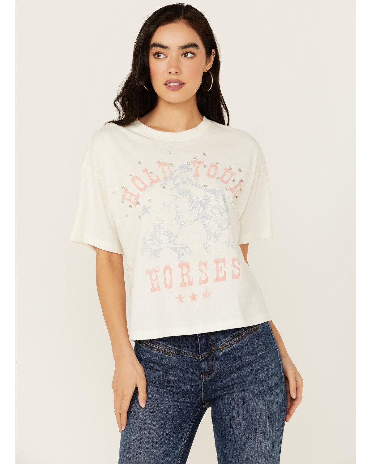 Image #1 - Youth in Revolt Women's Rhinestone Hold Your Horses Short Sleeve Graphic Tee, White, hi-res