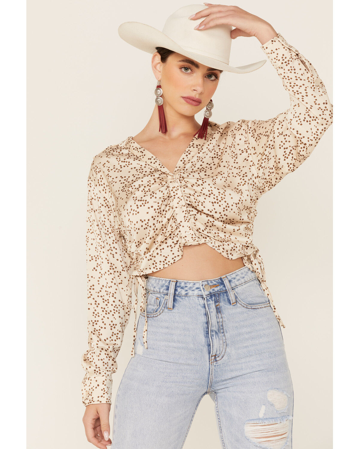 Image #1 - Lush Women's Taupe Star Print Cinch Front Long Sleeve Crop Top, Taupe, hi-res