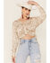 Image #1 - Lush Women's Taupe Star Print Cinch Front Long Sleeve Crop Top, Taupe, hi-res