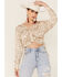 Image #1 - Lush Women's Taupe Star Print Cinch Front Long Sleeve Crop Top, Taupe, hi-res