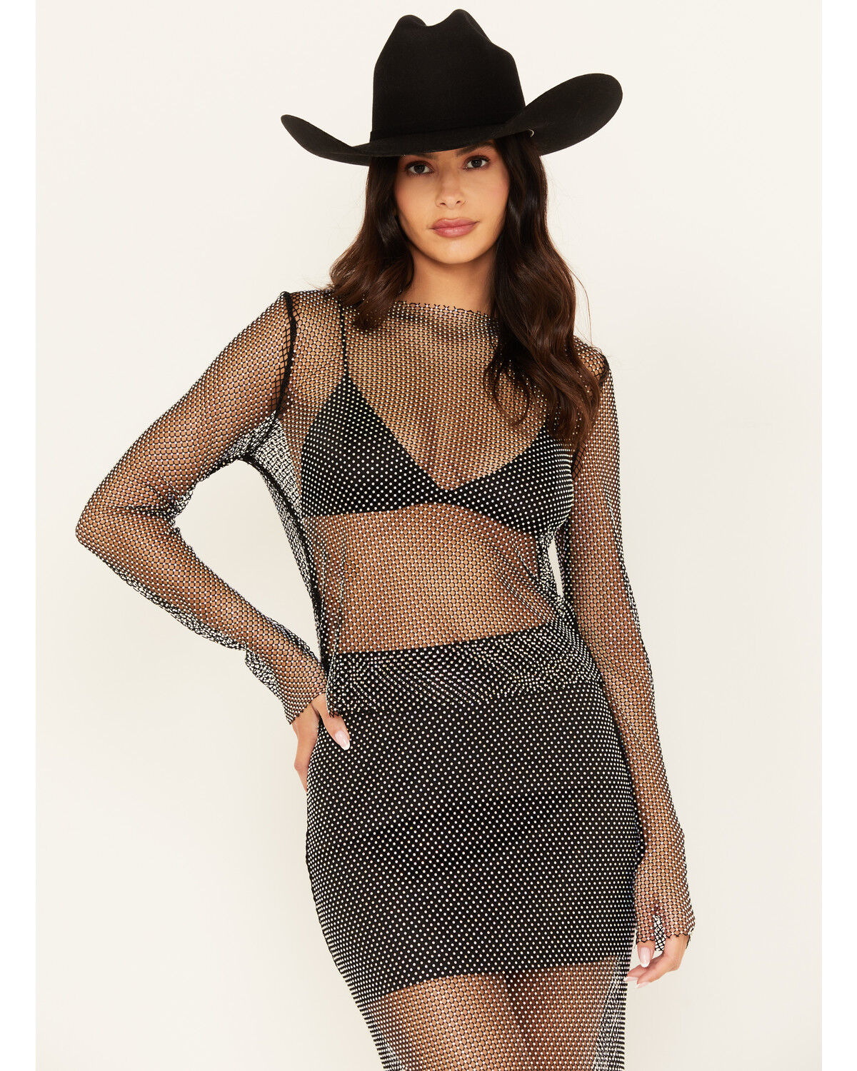 Image #3 - Rock & Roll Denim Women's Rhinestone Mesh Long Sleeve Top, Black, hi-res