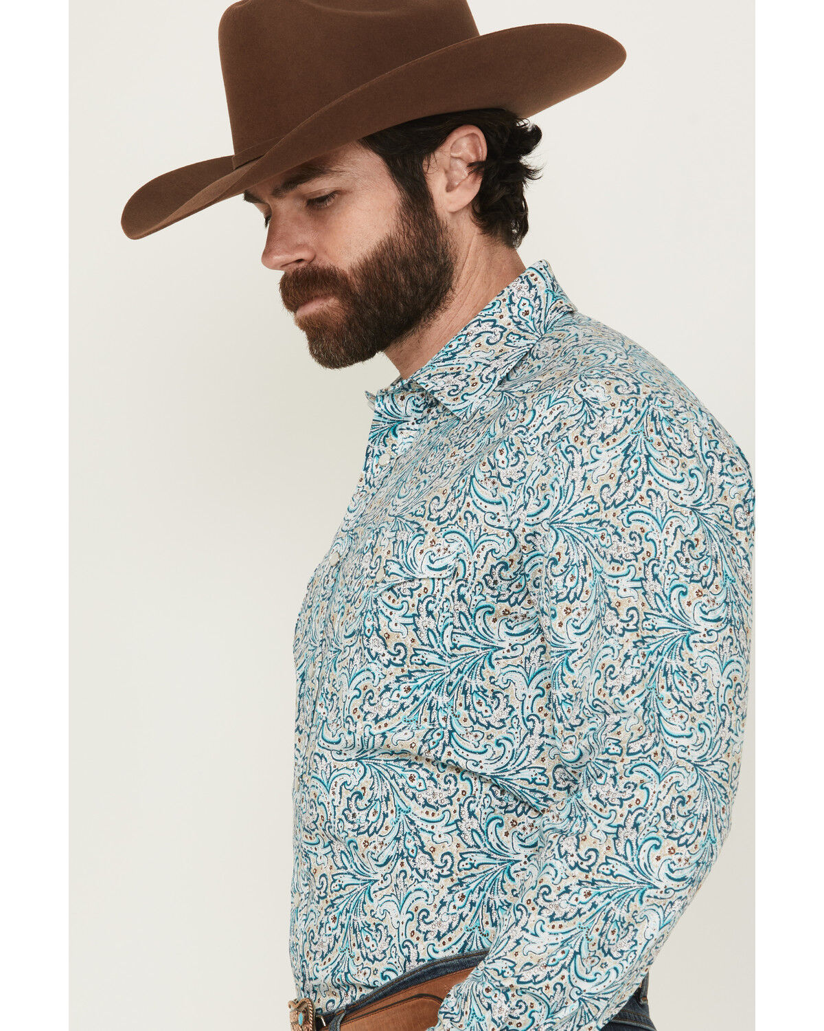 Image #2 - Panhandle Men's Paisley Print Long Sleeved Pearl Snap Western Shirt, Turquoise, hi-res