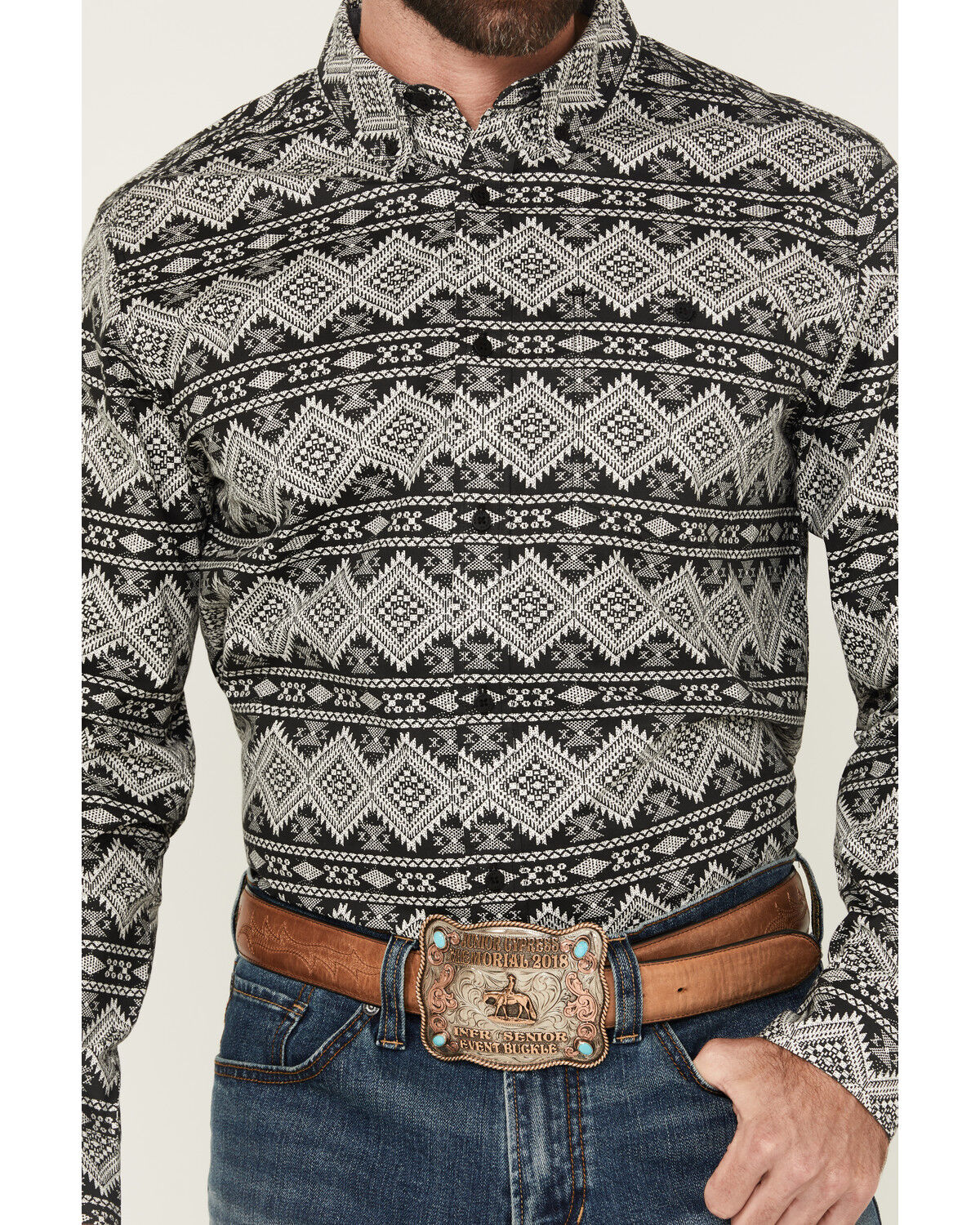 Image #3 - RANK 45® Men's Blaze Southwestern Striped Long Sleeve Button-Down Stretch Western Shirt, Black, hi-res
