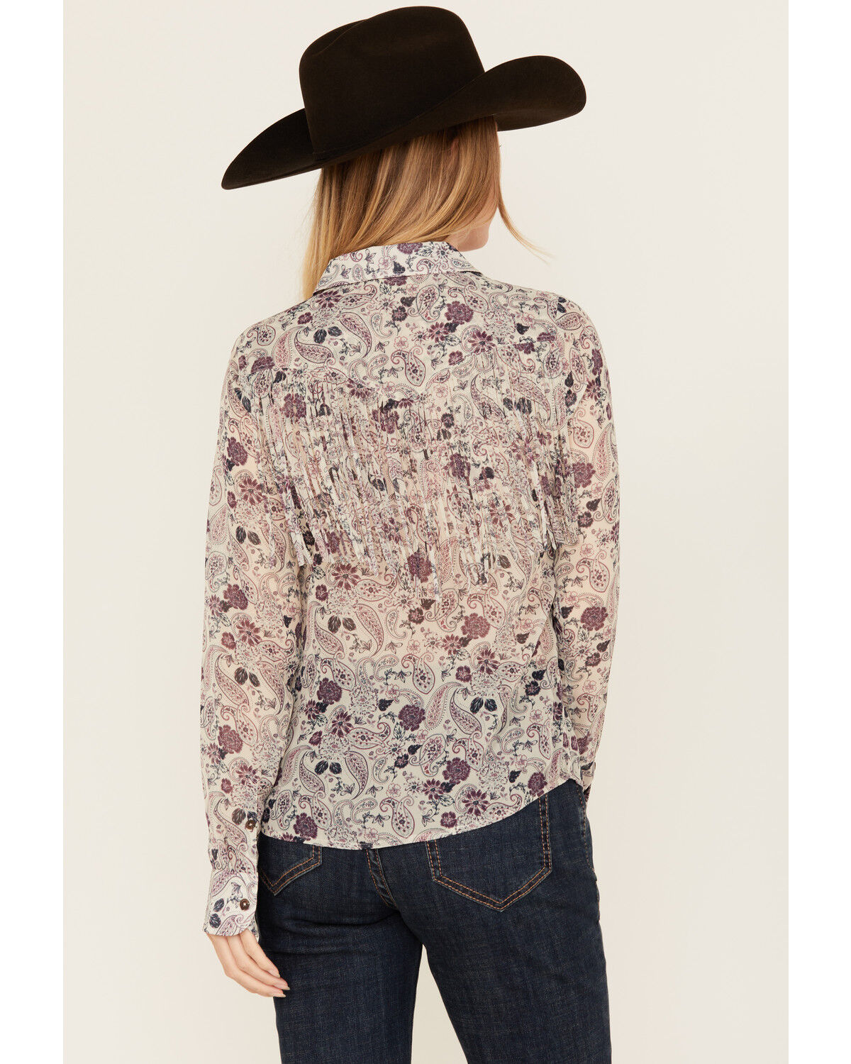 Image #4 - Shyanne Women's Printed Long Sleeve Fringe Button-Down Western Shirt, Natural, hi-res