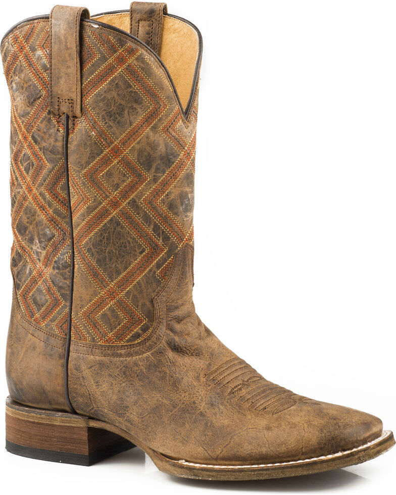 Roper Men's Nash Vintage Brown Geo Embroidered Cowboy Boots - Square Toe, Brown, hi-res