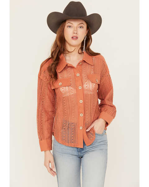 Very J Women's Crochet Button-Down Shirt, Rust Copper, hi-res
