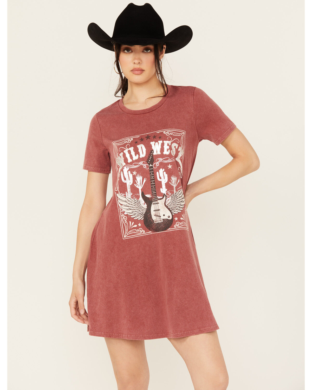 Image #1 - Blended Women's Wild West Short Sleeve Graphic Mini T-Shirt Dress, Rust Copper, hi-res