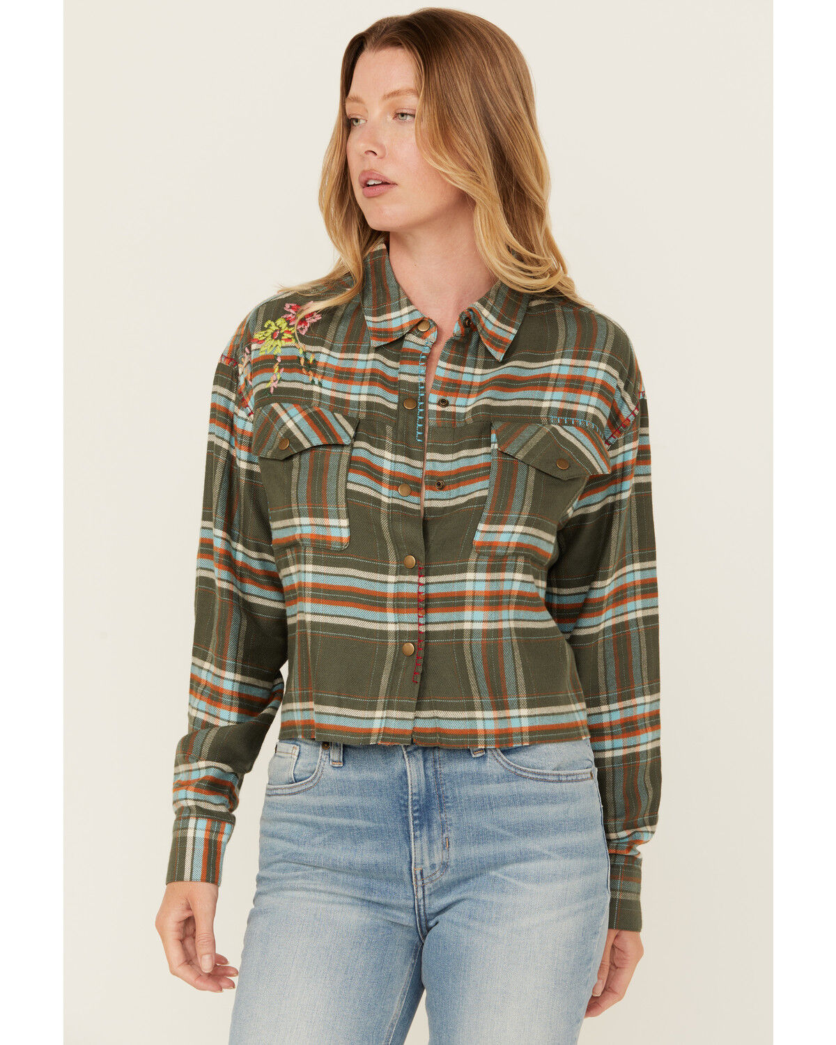 Image #2 - Cleo + Wolf Women's Corrie Plaid Print Embroidered Long Sleeve Snap Cropped Shirt, Dark Green, hi-res