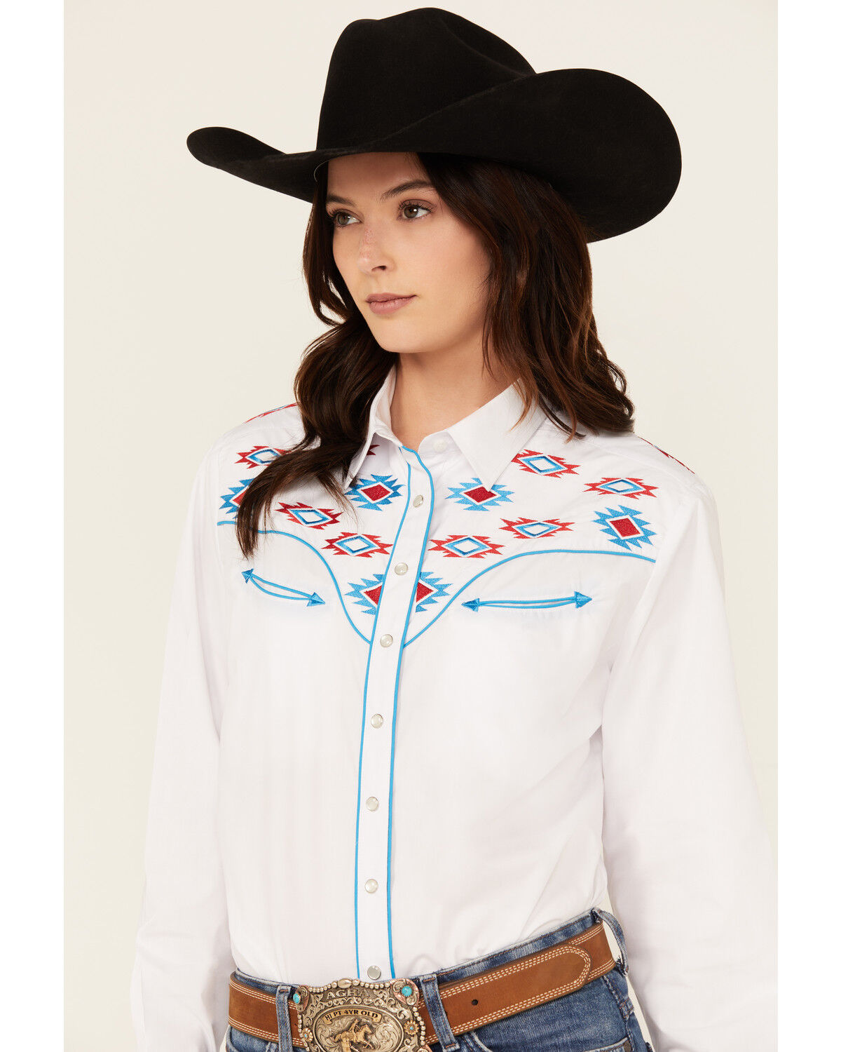 Image #2 - Rodeo Clothing Women's Southwestern Embroidered Long Sleeve Snap Western Shirt, White, hi-res