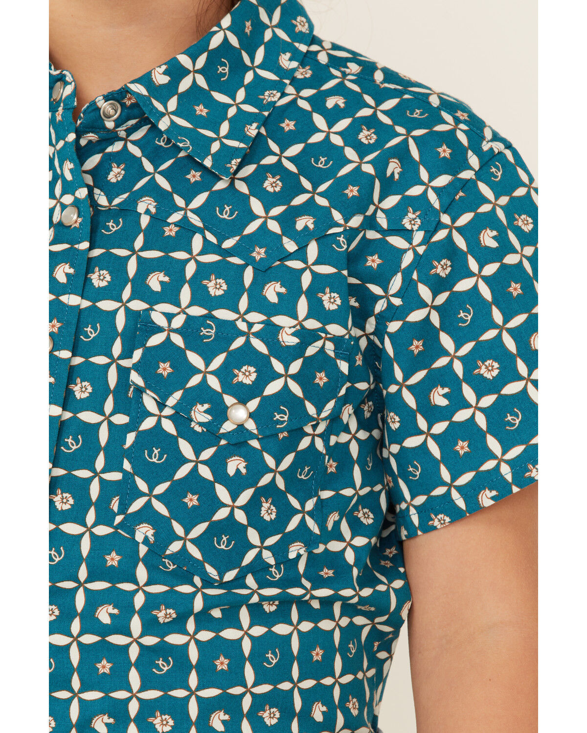 Image #2 - RANK 45® Girls' Floral Horse Print Short Sleeve Pearl Snap Rodeo Shirt, Teal, hi-res