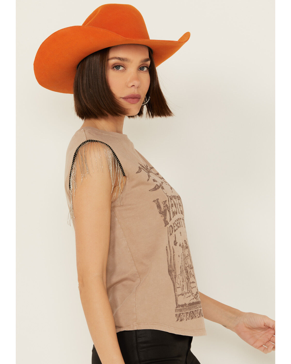 Image #2 - Rock & Roll Denim Women's Chain Fringe Graphic Sleeveless Tank Top, Taupe, hi-res