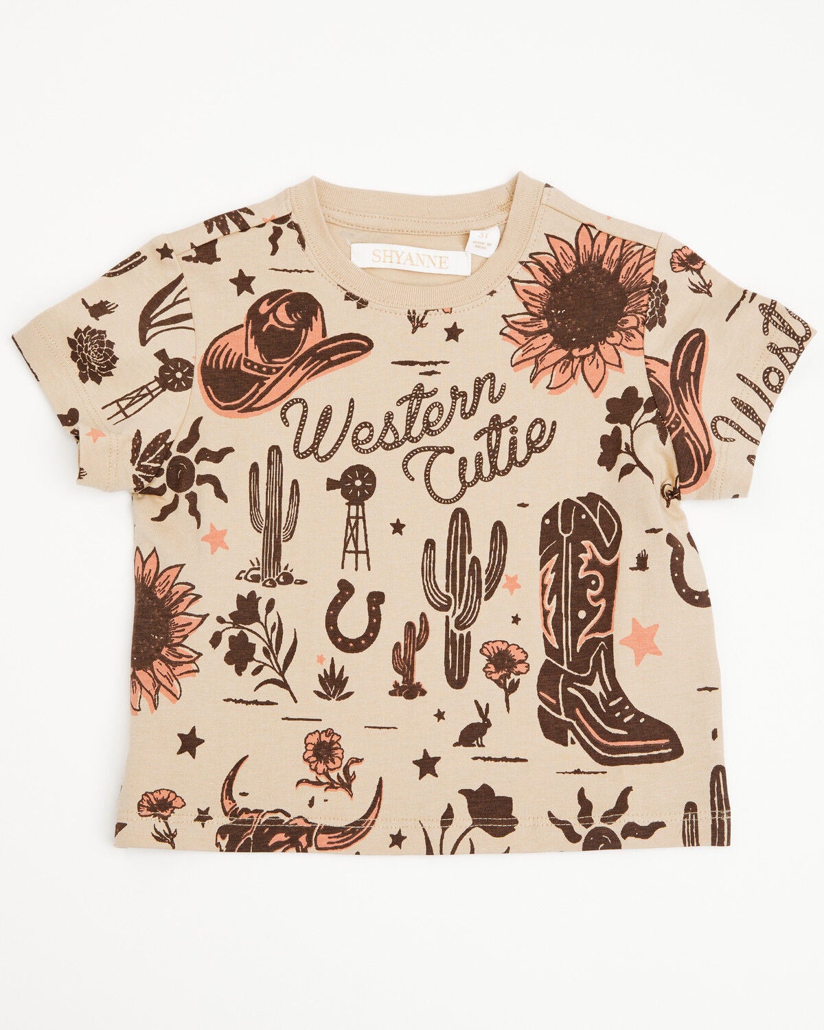 Shyanne Girls' Western Cutie Printed Short Sleeve Graphic Tee, Khaki, hi-res