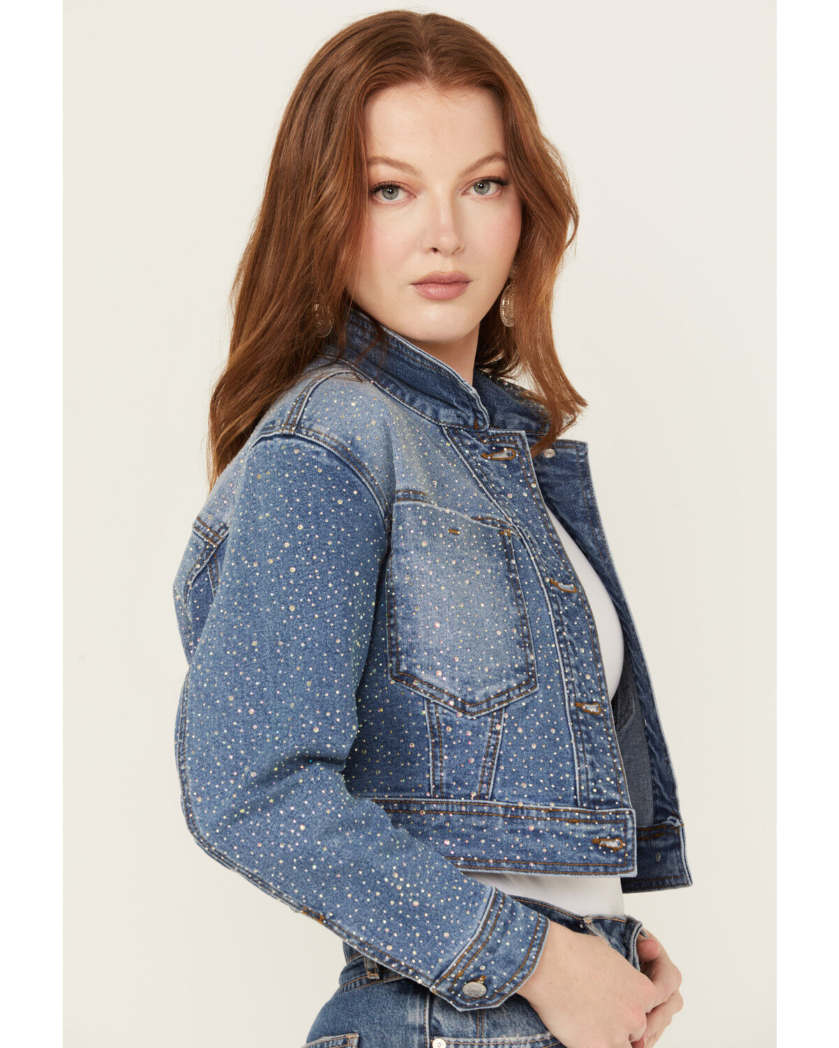 Image #2 - Vibrant Denim Women's Rhinestone Embellished Cropped Denim Jacket, Medium Wash, hi-res