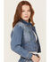Image #2 - Vibrant Denim Women's Rhinestone Embellished Cropped Denim Jacket, Medium Wash, hi-res