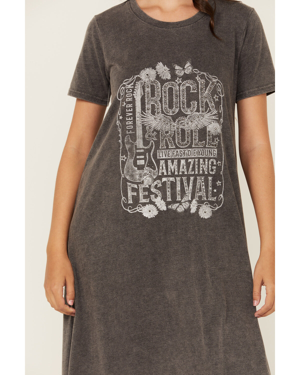Image #2 - Blended Women's Rock & Roll Short Sleeve Graphic Midi T-Shirt Dress, Black, hi-res
