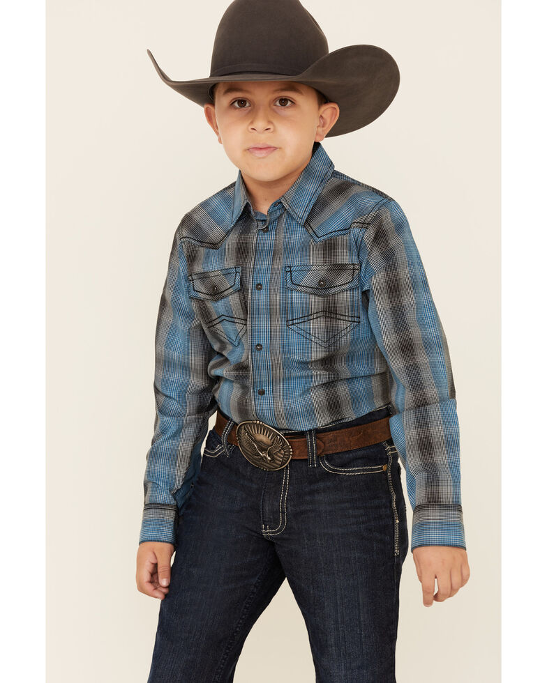 Cody James Boys' Morning Fog Plaid Long Sleeve Western Shirt , Blue, hi-res