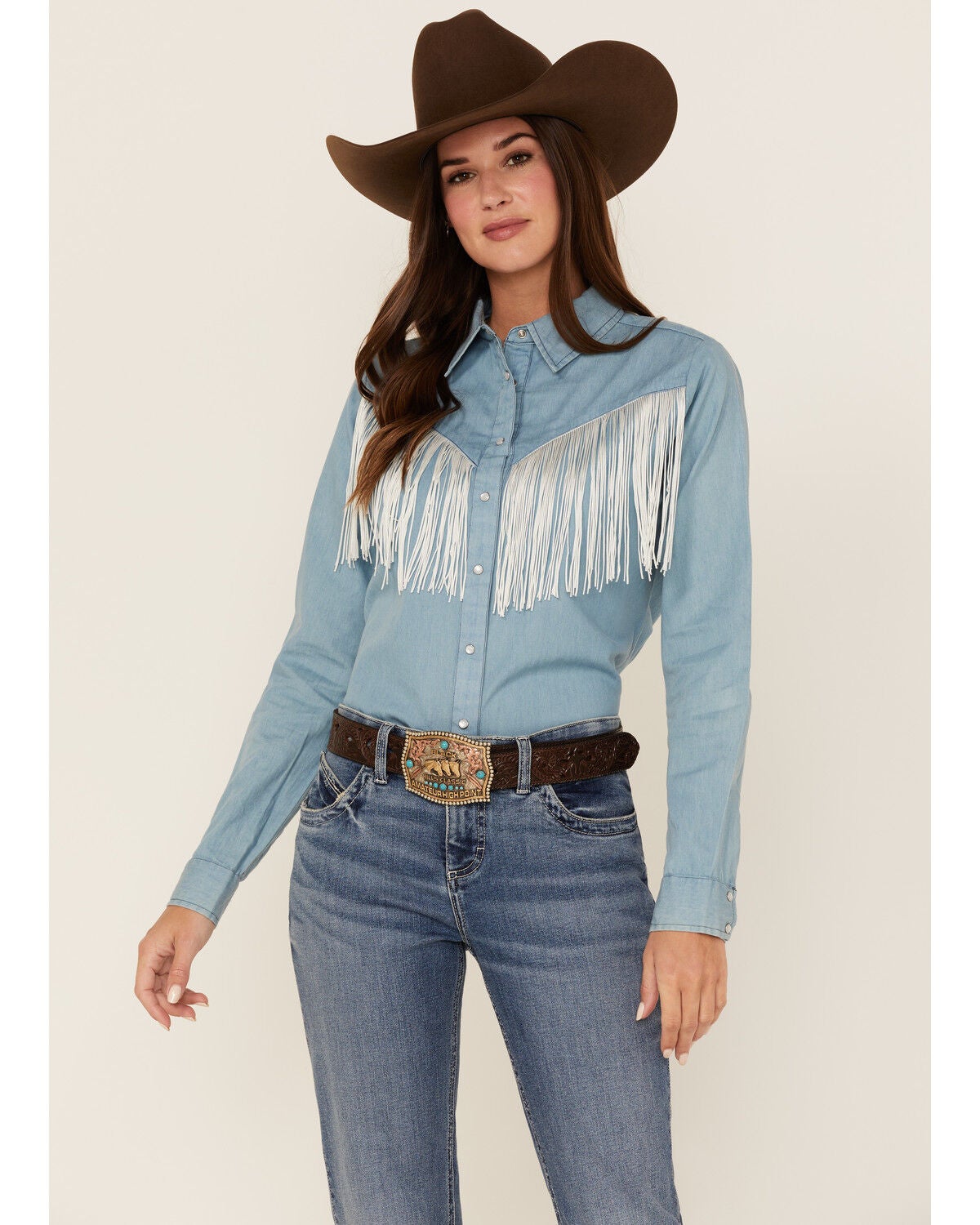 Fringe Yoke Denim Western Snap Shirt 