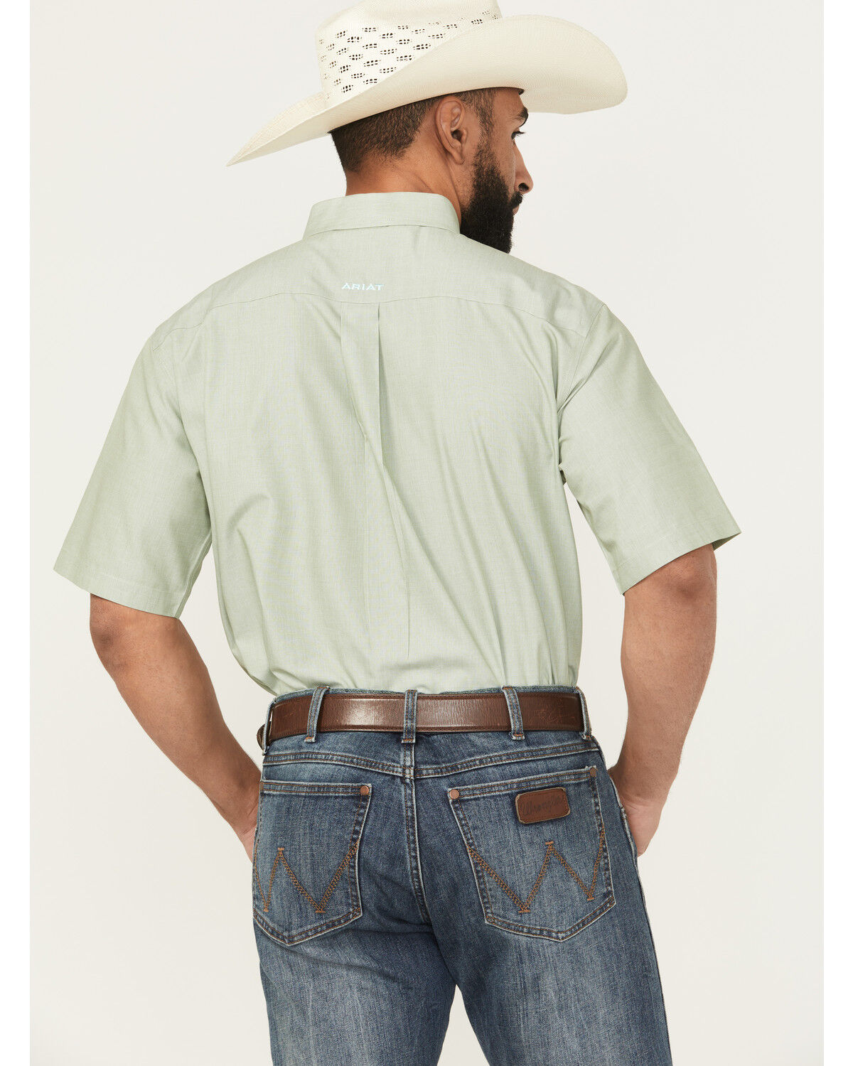 Image #4 - Ariat Men's Wrinkle Free Solid Short Sleeve Button-Down Western Shirt, Sage, hi-res